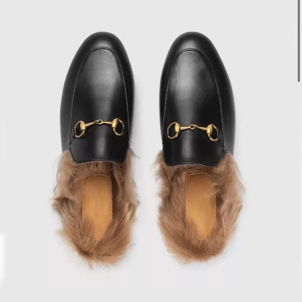 GUCCI Princetown horsebit-detailed shearling-lined leather slippers